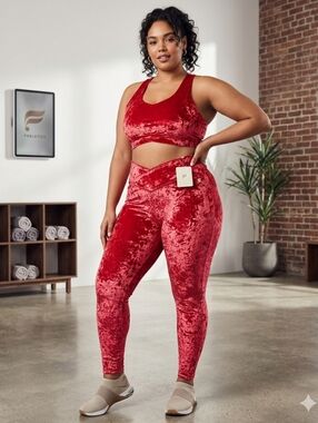 High-Waist Velvet Leggings Crossover Strawberry Red Large 2 Side Pockets